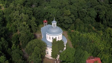 Drone from a bird's eye view of an old-abandoned abandoned church. Abandoned old church on the...