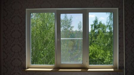 Plastic window overlooking the green trees.