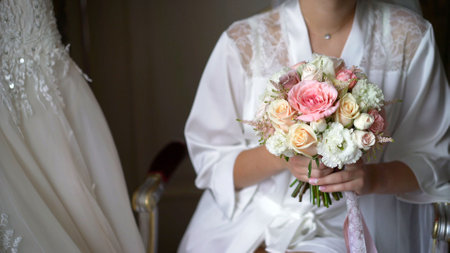 Bride with bouquet, closeup. Bride holding bridal bouquet.