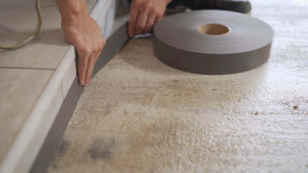 The worker glues the tape to the floor around the room. Construction concept. Installing plinth on...
