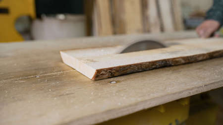 Cutting wooden board on a table saw. woodworking and carpentry. furniture manufacturing. A craftsman...