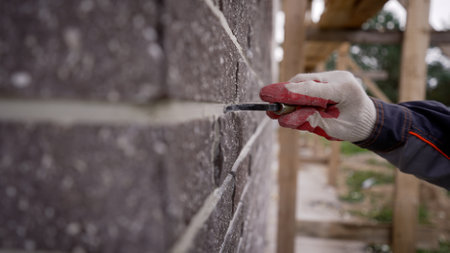 Grouting the seam on the facade of the building. A worker sews seams on the facade of a building. Grouting the seam on the facade of the building.の写真素材