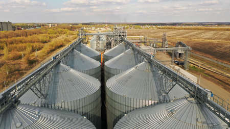 Aerial view of grain storage elevators. Grain storage. Grain storage elevator in the USA.の写真素材