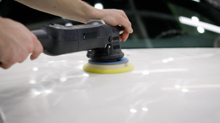 Car hood polishing. Car detailing and polishing concept. Hands of professional car service male worker, with orbital polisher, polishing white luxury car hood in auto repair shop.の写真素材