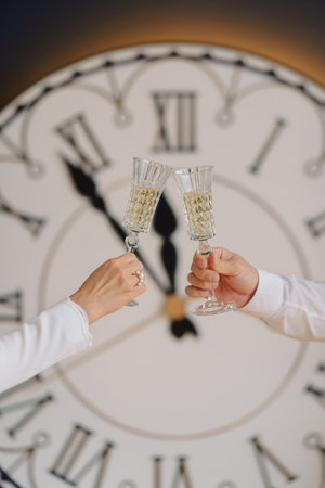 Male and female hand with a glass of champagne on the background of the clock. Male and female hands...