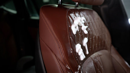 Man cleaning upholstery of his vehicle. Car cleaning. Male hands cleans car interior on car wash station. A worker washes the interior of a car with a sponge.の写真素材