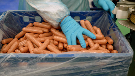 Meat processing plant.Production line of meat. Sausages are removed from the conveyor. Sausages are...