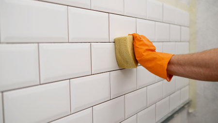 The ceramic tile laying master wipes the seams with a special sponge. Cleaning a tiled wall with a male hand with a sponge. Male hands wipe ceramic tiles with a sponge.の写真素材