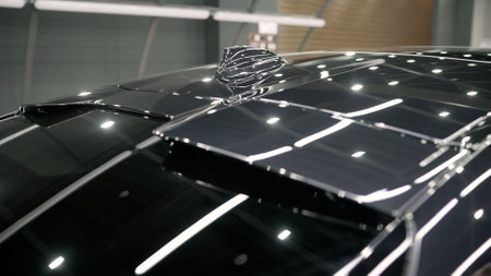 Close-up of a shark fin-shaped GPS antenna on the roof of a car for a radio navigation system. Shark fin antenna on a blurred background. Car detail. Car roof, car details.の写真素材