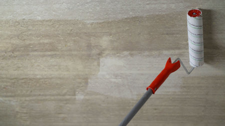 A worker applies paint to the ceiling with a hand roller at home. Priming the ceiling with a roller put on a long stick, close-up. Priming ceiling roller.の写真素材