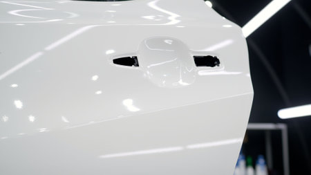 Installing a protective film on the car paintwork. Professional installation of a protective film on a car body. Car wrapping with vinyl film or film. Detailing and pasting a white car.の写真素材