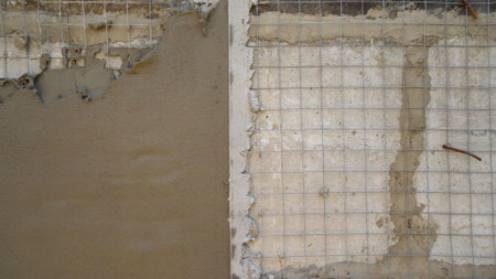 Putty walls on a reinforcing mesh. Wall plastering, mesh or gypsum mesh reinforcement, wall insulation equipment. Construction background prepared surface of the facade wall of the building with a fixed mesh for cementing and painting the facade.の写真素材