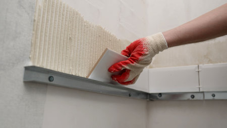 Industrial close-up of a workers hand applying cement adhesive for laying ceramic tiles. Attaching tiles to the wall. Laying tiles on the wall.の写真素材