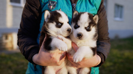 Two husky puppies in my arms. A woman holds two wonderful purebred husky puppies in her hands. Close up portrait of little husky puppies.の写真素材