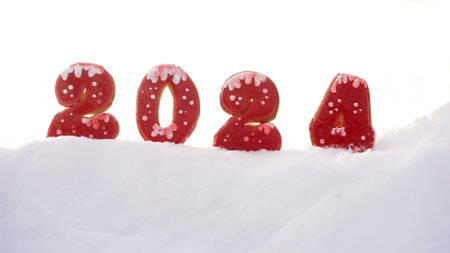 Gingerbread numbers 2024 against a background of snow. Numbers 2024 in the snow. Numbers 2024 on...