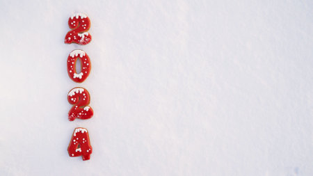 Christmas background with snowflakes and numbers 2024. New Year 2024. Red numbers 2024 on a background of snow. Numbers 2024 in the snow. Numbers for 2024 on white snow.の写真素材