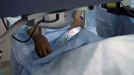 Close-up of the hands of a doctor who does eye microsurgery. Orthopedic surgery. Vision correction surgery, close-up of doctor's hands. Ophthalmic operation. Surgeon's hands in gloves performing laser vision correction.の写真素材