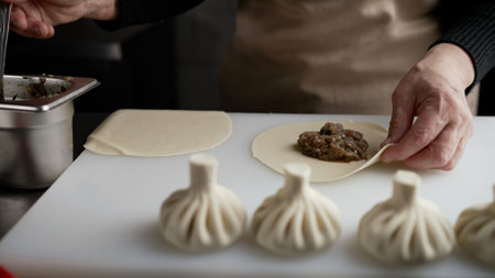 Minced meat wrapped in dough on the table close-up. Women's hands make manti, khinkali, dumplings...