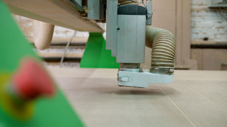 Making a door from solid wood. Sanding machine for wood cutting. The machine makes wood cuts. A...