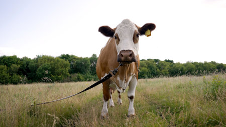 Cow pasture in a clearing. A beautiful red cow eats grass in a meadow against a background of green trees. Red and white cows graze in a meadow in the forest on a sunny day.の写真素材
