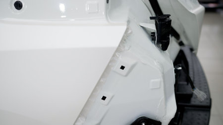 Auto detailing, close-up of a white passenger car body. Car repair.の写真素材