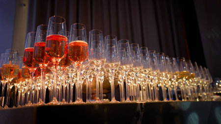 Beautiful glasses of wine and champagne, catering. Lots of glasses of champagne while waiting for guests.の写真素材