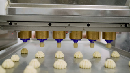 A conveyor machine pours cream onto cookies. Factory for the production of cookies and baked goods....
