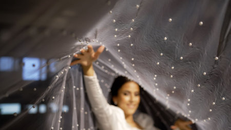 Girl under a veil indoors. Beautiful bride with stylish makeup and hairstyle under a veil. Happy beautiful bride under a veil. Fashion, beauty, style.の写真素材