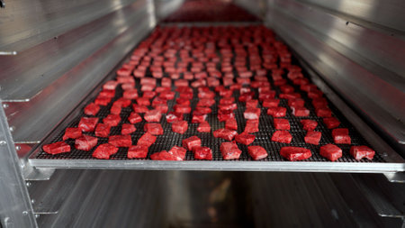 Pieces of meat in the refrigerator close-up, dog food. Raw lamb chops. Close-up of raw beef on the...