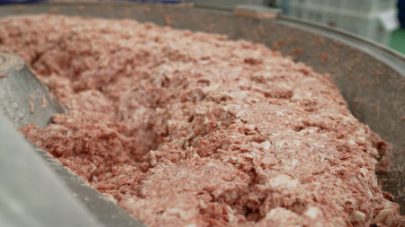 Close-up of processing lard or meat into minced meat in a huge meat grinder at a meat processing...