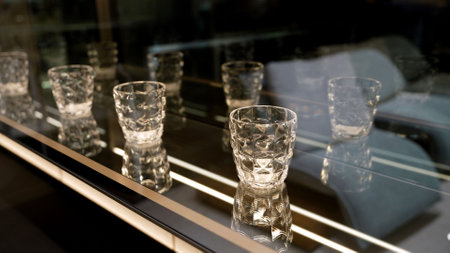There are beautiful crystal glasses for vodka on display. Lots of elegant empty glasses. A set of...