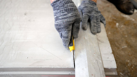 Sawing a concrete slab with a hacksaw, medium plan. Concrete cutting. A worker uses a saw to cut a...