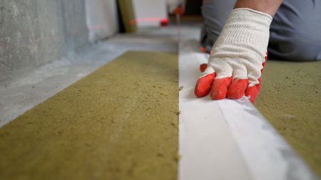 The floor is insulated and soundproofed. Laying the floor in the apartment. Stone wool for the floor. Soundproofing of floors. Floor repair, sound insulation, glass wool.の写真素材