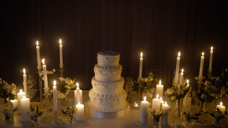 Wedding white cake on the table with candles. Wedding cake decorated with many candles. Dessert for...