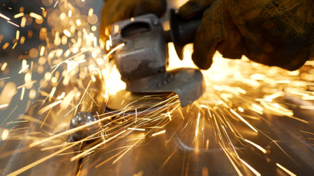 Grinding a metal door in production. Grinding a steel structure with an electric wheel at a factory. Door industry factory. Sparks from the grinding wheel.の写真素材
