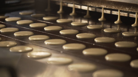 Machine pouring batter onto a conveyor belt creates perfectly shaped cookies in a factory setting.の写真素材