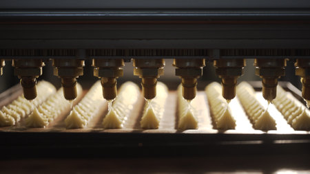 Industrial food production line features a machine pouring chocolate cream filling onto cookies for mass production.の写真素材