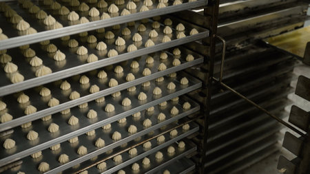 Baking sheets getting filled with cookie dough, moving on a line inside a food processing plant.