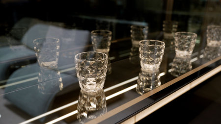 Empty crystal glasses are shining on a shelf in a contemporary design furniture store.の写真素材