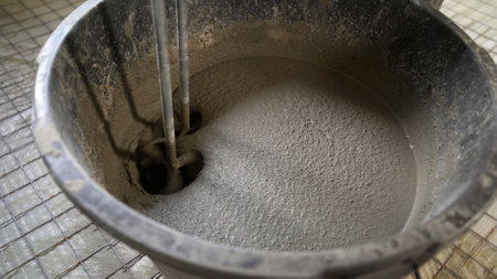 Construction worker mixes cement in a bucket with an electric mixer, demonstrating essential building techniques on-siteの写真素材