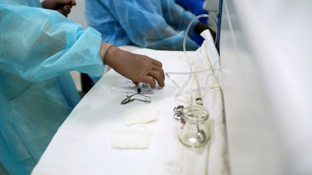 Nurse wearing gloves preparing syringe for injection on table with medical equipment