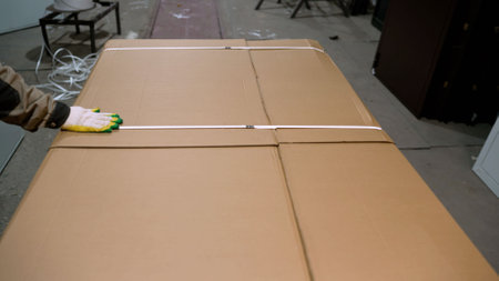 Worker packing a large cardboard box using a plastic packing strap in a warehouse or factoryの写真素材