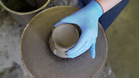Checking the quality of cement in a laboratory. A scientist works with a construction mixture. A...