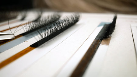 Volume fan, designed for eyelash extensions, dipping in eyelash glue. Dipping eyelashes in glue, with tweezers. Tools for eyelash extensions. Accessories for eyelash extensions.の写真素材