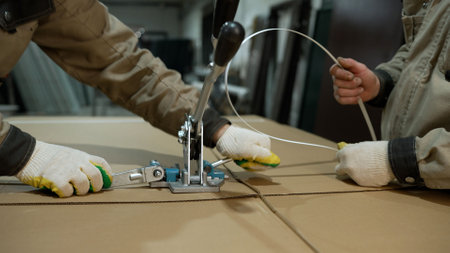 Factory worker wearing gloves inspecting a large cardboard box, ensuring it is securely packaged and...