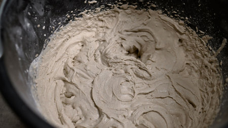 Cement mixture being prepared in a bucket, creating a thick, viscous substance essential for various construction and renovation projectsの写真素材