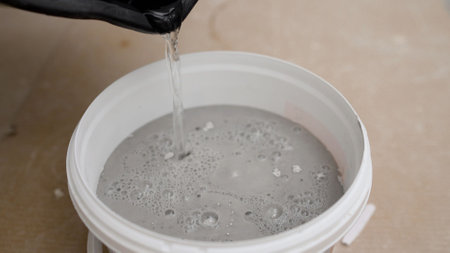 Water being poured into a bucket containing a gray cement mixture, creating bubbles and foam on the...