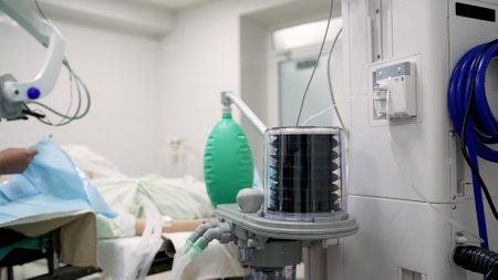 Medical ventilator functioning in a hospital icu, displaying vital role in patient care, featuring advanced equipment and sterile environmentの写真素材