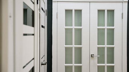 Modern white double doors with frosted glass panes are displayed in a showroom, offering various perspectives of their design and functionalityの写真素材