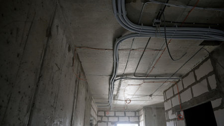 Gray electrical conduits are being installed on the ceiling of a building under construction